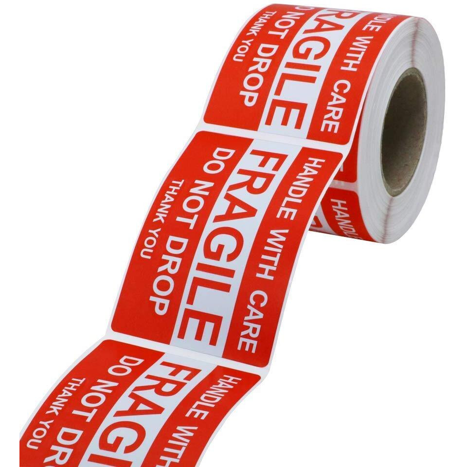 True-Ally 2 Roll Fragile Stickers - 3&quotX 2" Strong Adhesive Red Fragile Labels Handle With Care Warning Stickers For Shipping Packing Of Goods And Moving - (2 Rolls - 600 Sticker)