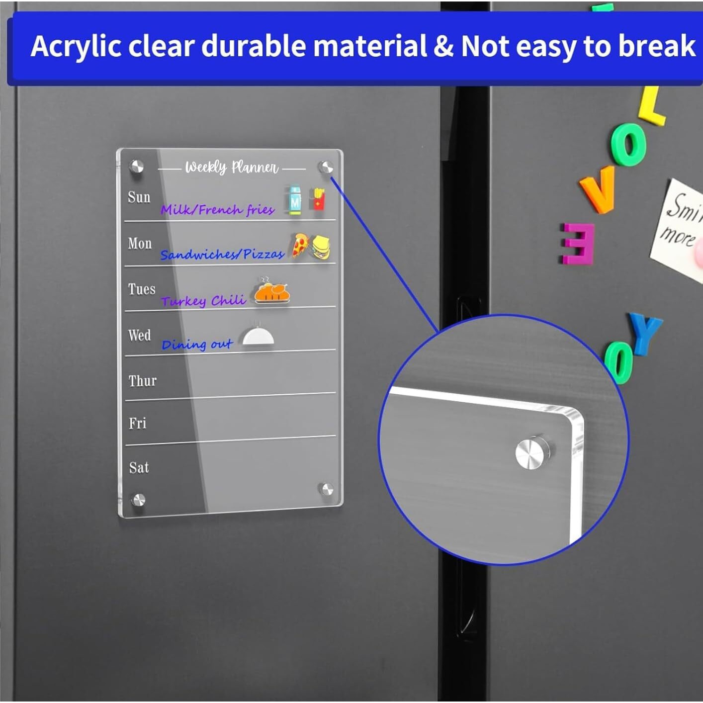 True-Allyweekly Planner Acrylic Glass Clear Calendar For Fridge Magnetic Board For Refrigerator, Weekly Meal Planner Includes 6 Markers (12&quotX8&quotInches)