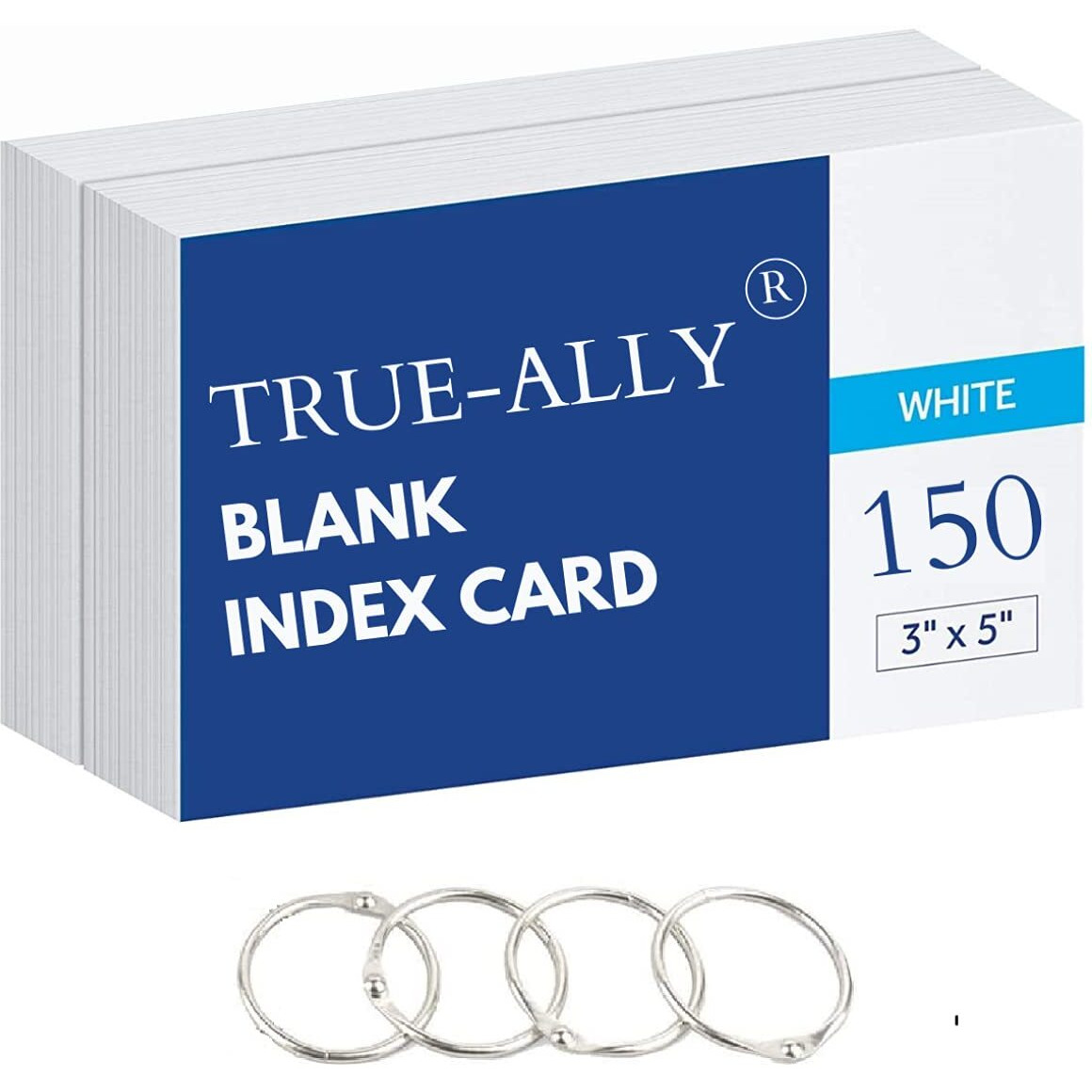 True-Ally Unruled Index Flash Cards - 3X5 Inch, White, 150 Cards, 200 Gsm - With Free Binder Rings For Short Notes, Cue Cards, Cheat Sheets, Exam, Interview Preparation (3X5 Inch Plain - 150 Sheets)