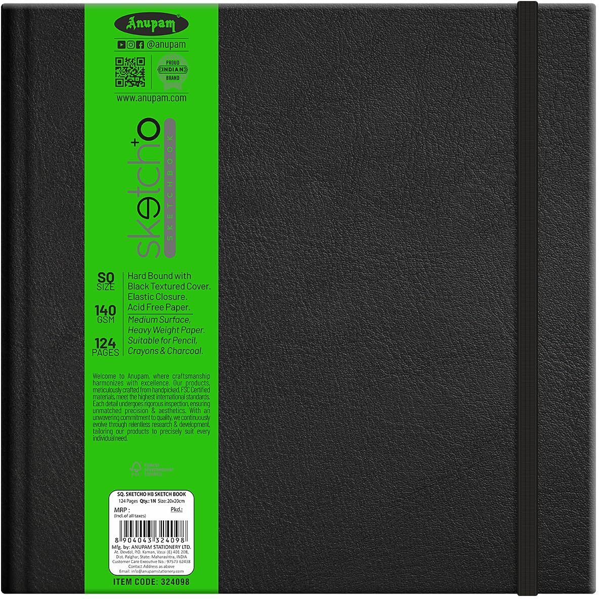 Anupam Sketcho Sketchbook Hardbound, Square Size, 140 Gsm Acid Free Natural Shade Paper With Elastic Closure (128 Pages)