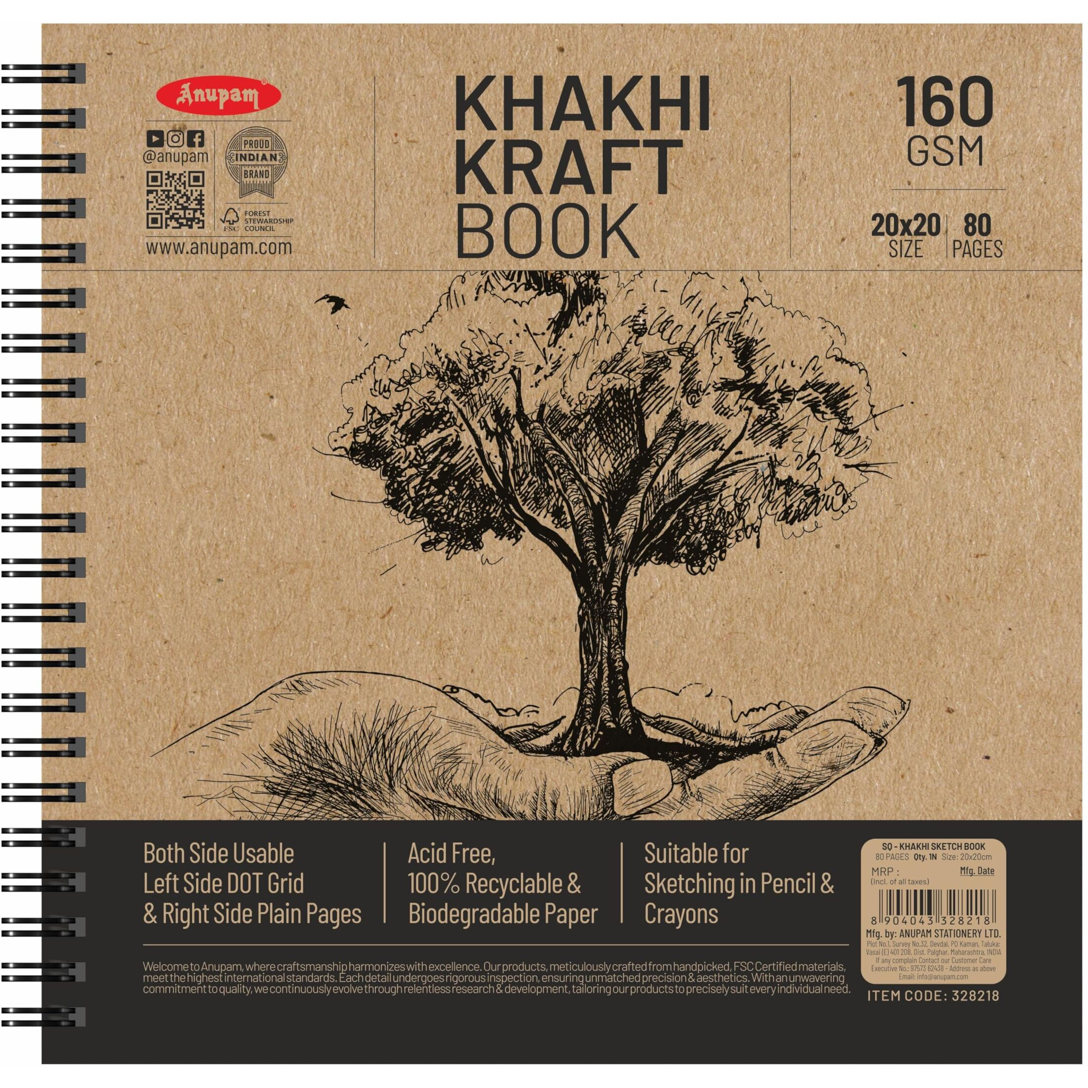 Anupam Khaki Sketchbook - Wireo Book - One Side Dot-Grid & One Side Plain Paper - 140 Gsm Cartridge Paper (Square, 80 Pages)