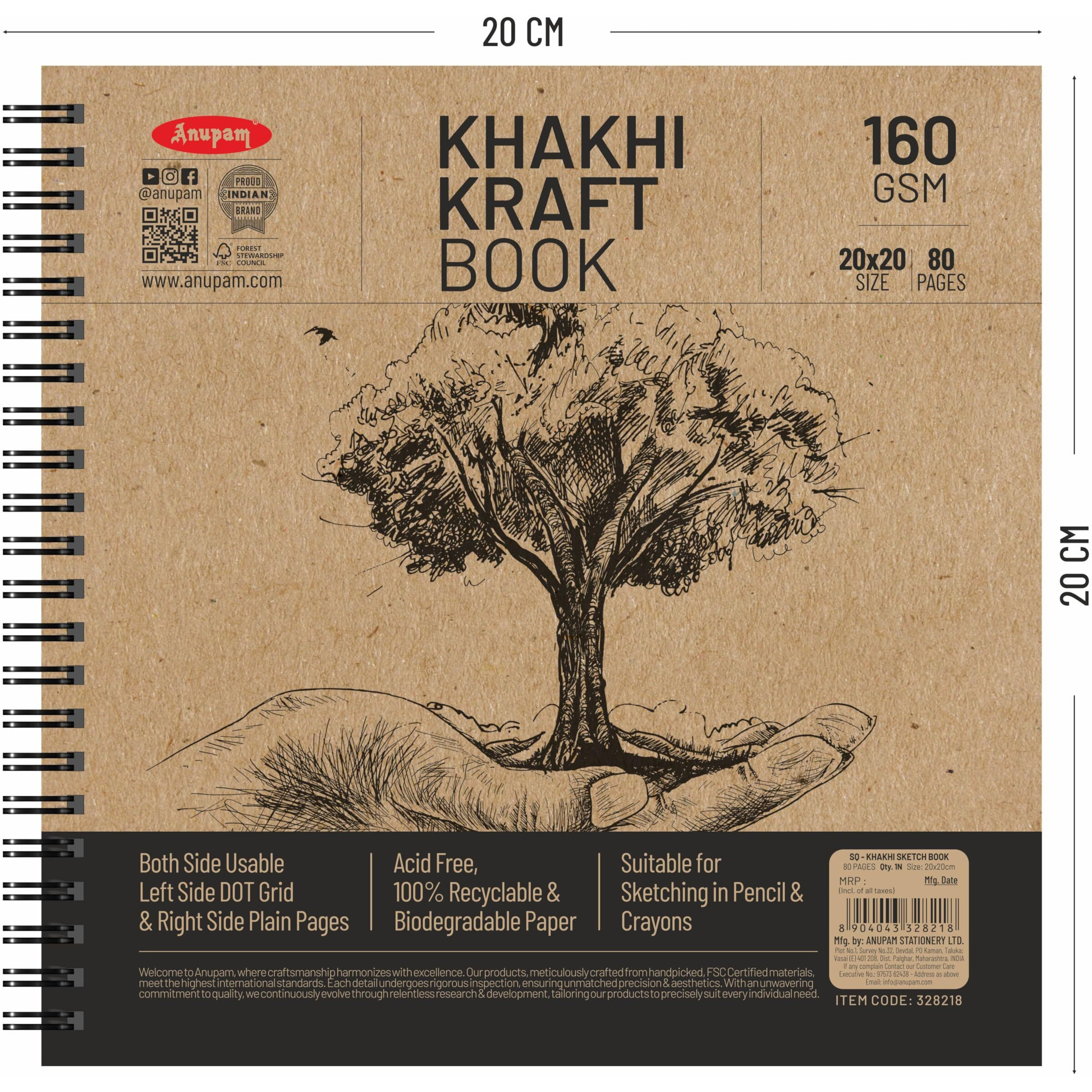 Anupam Khaki Sketchbook - Wireo Book - One Side Dot-Grid & One Side Plain Paper - 140 Gsm Cartridge Paper (Square, 80 Pages)