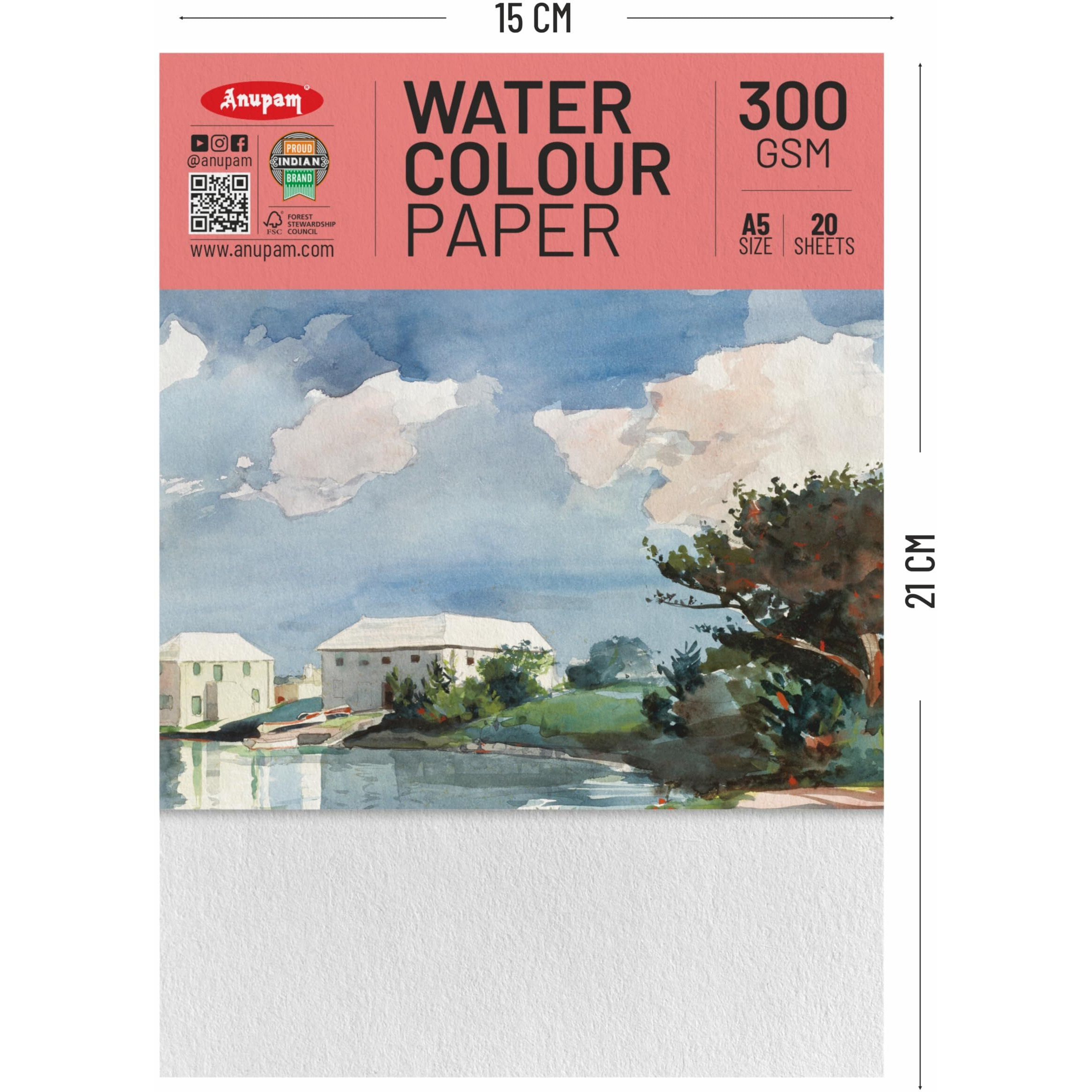 Anupam Professional Watercolour Paper | A5 (21X15Cm) 300 Gsm Cold Pressed Paper |Acid-Free 20 Sheets| Ideal For Artist, Professional Drawing, Painting Dry & Wet, Fine Art, School, Students