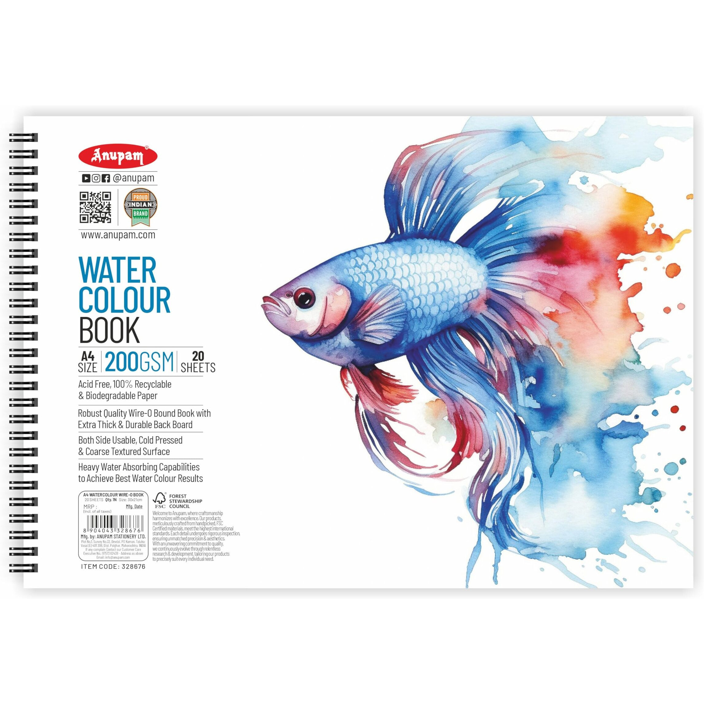 Anupam Artists Watercolour Wire-O Book 200 Gsm Cold Pressed A4 40 Pages For Watercolour, Gouache, Ink, Acrylic, Wet & Mixed Media, Art Painting, Drawing For Artists & Amateurs