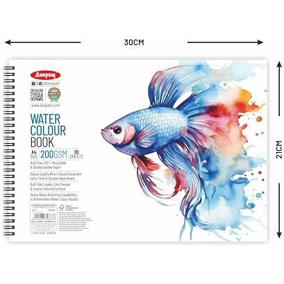 Anupam Artists Watercolour Wire-O Book 200 Gsm Cold Pressed A4 40 Pages For Watercolour, Gouache, Ink, Acrylic, Wet & Mixed Media, Art Painting, Drawing For Artists & Amateurs