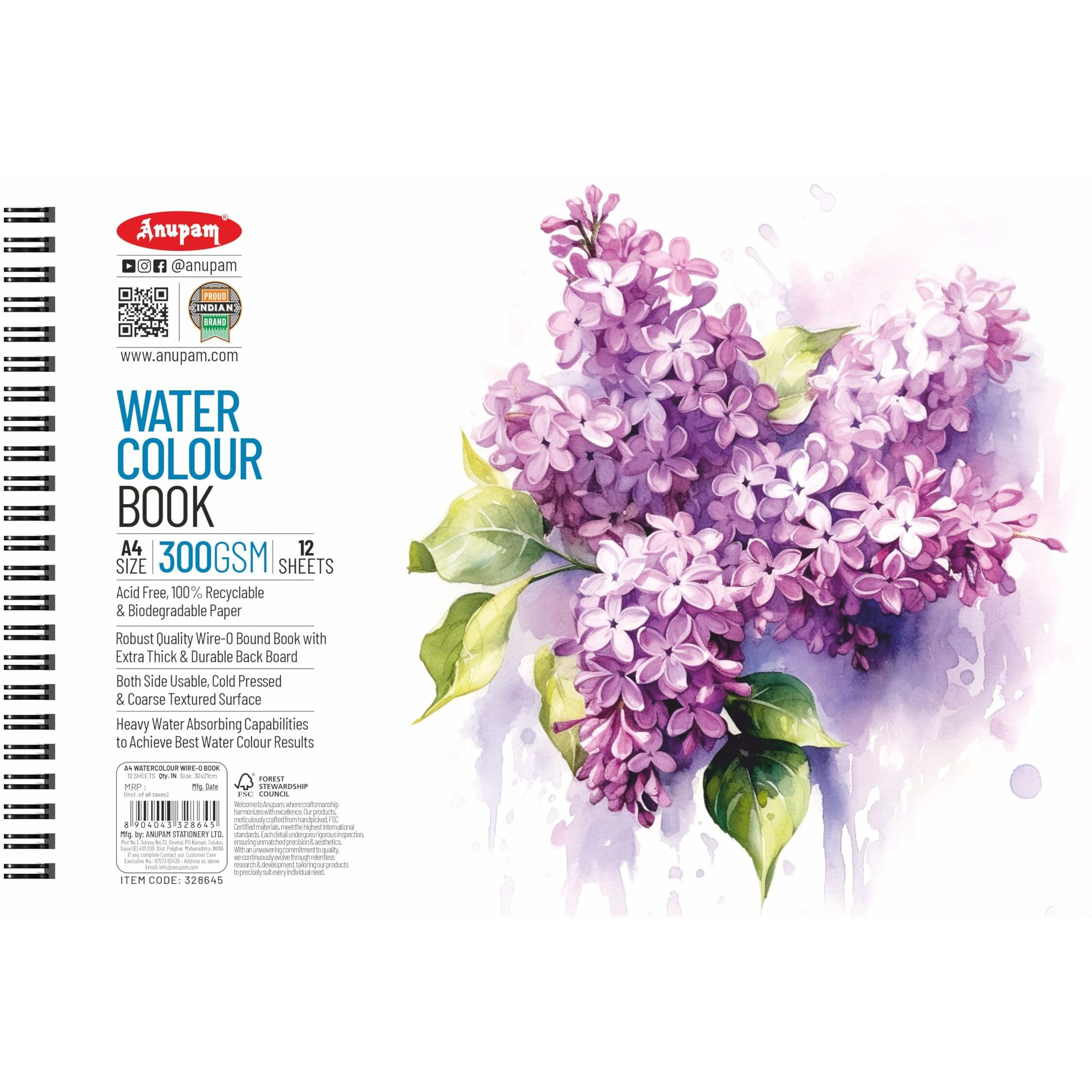 Anupam Artists Watercolour Wire-O Book 300 Gsm Cold Pressed A4 24 Pages For Watercolour, Gouache, Ink, Acrylic, Wet & Mixed Media, Art Painting, Drawing For Artists & Amateurs