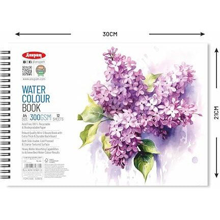 Anupam Artists Watercolour Wire-O Book 300 Gsm Cold Pressed A4 24 Pages For Watercolour, Gouache, Ink, Acrylic, Wet & Mixed Media, Art Painting, Drawing For Artists & Amateurs