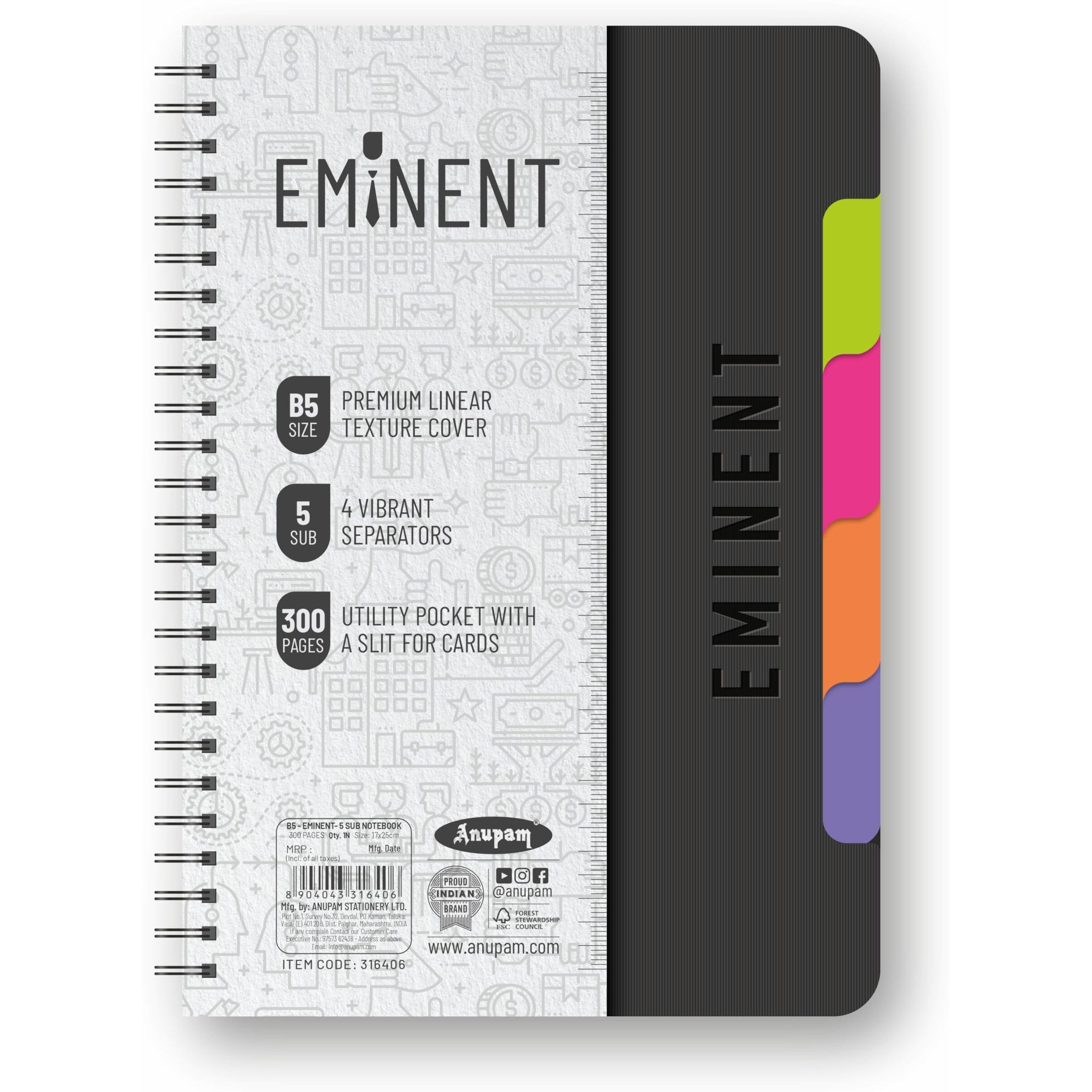 Anupam Eminent 5 Subject Notebook B5, 70 Gsm, 150 Sheets (300 Pages), College Ruled Spiral Notebook With One Pocket, Movable Dividers, Front/Back Plastic Covers, Multi Subject Notebook | 17 Cm X 25 Cm