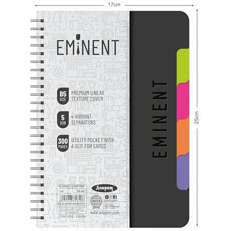 Anupam Eminent 5 Subject Notebook B5, 70 Gsm, 150 Sheets (300 Pages), College Ruled Spiral Notebook With One Pocket, Movable Dividers, Front/Back Plastic Covers, Multi Subject Notebook | 17 Cm X 25 Cm