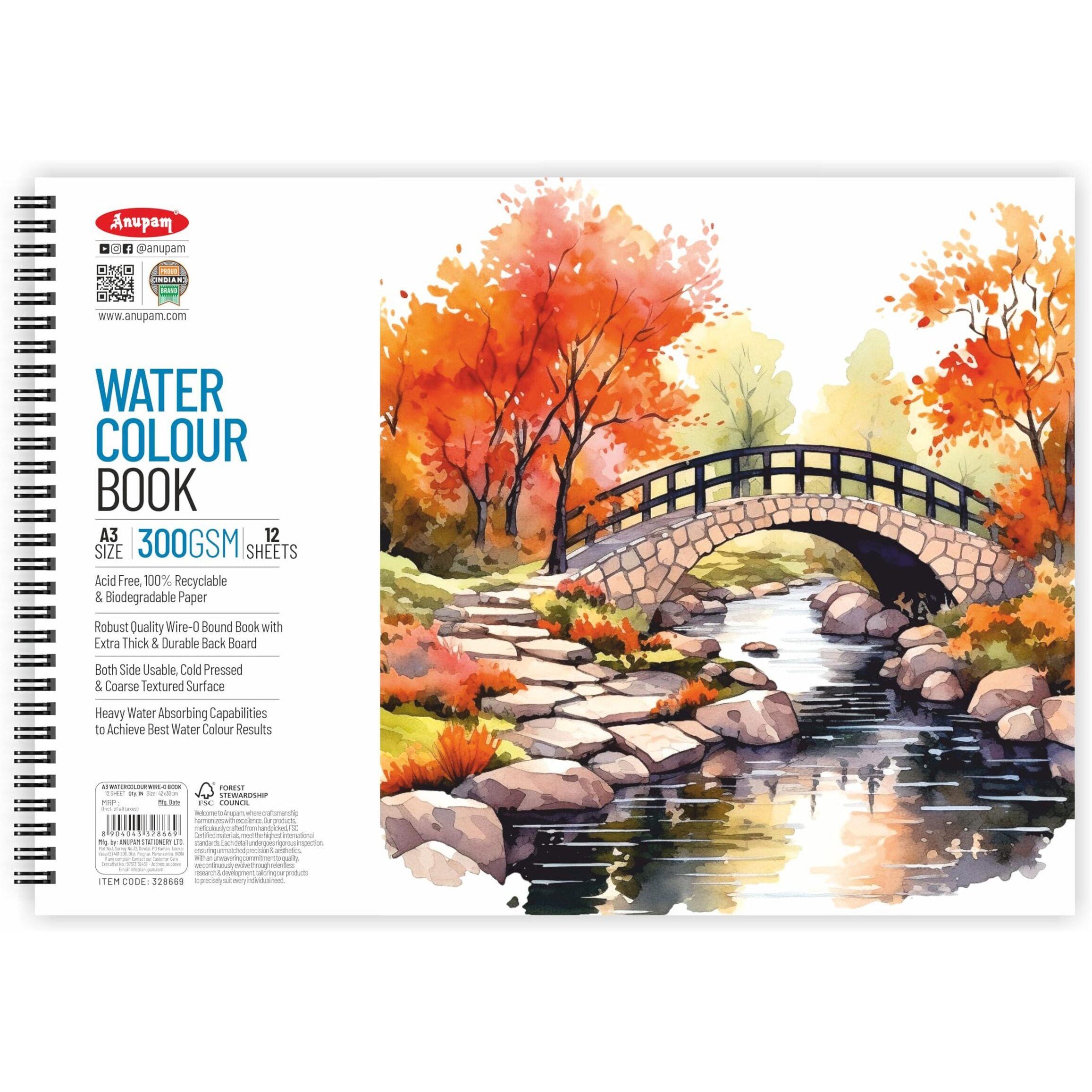 Anupam Artists Watercolour Wire-O Book 300 Gsm Cold Pressed A3 24 Pages For Watercolour, Gouache, Ink, Acrylic, Wet & Mixed Media, Art Painting, Drawing For Artists & Amateurs