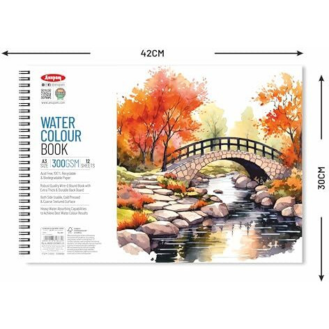 Anupam Artists Watercolour Wire-O Book 300 Gsm Cold Pressed A3 24 Pages For Watercolour, Gouache, Ink, Acrylic, Wet & Mixed Media, Art Painting, Drawing For Artists & Amateurs