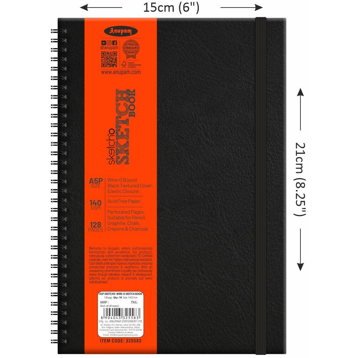 Anupam Sketcho Sketchbook - Hard Bound - Wireo Book - 140 Gsm - 128 Cartridge Paper - A5