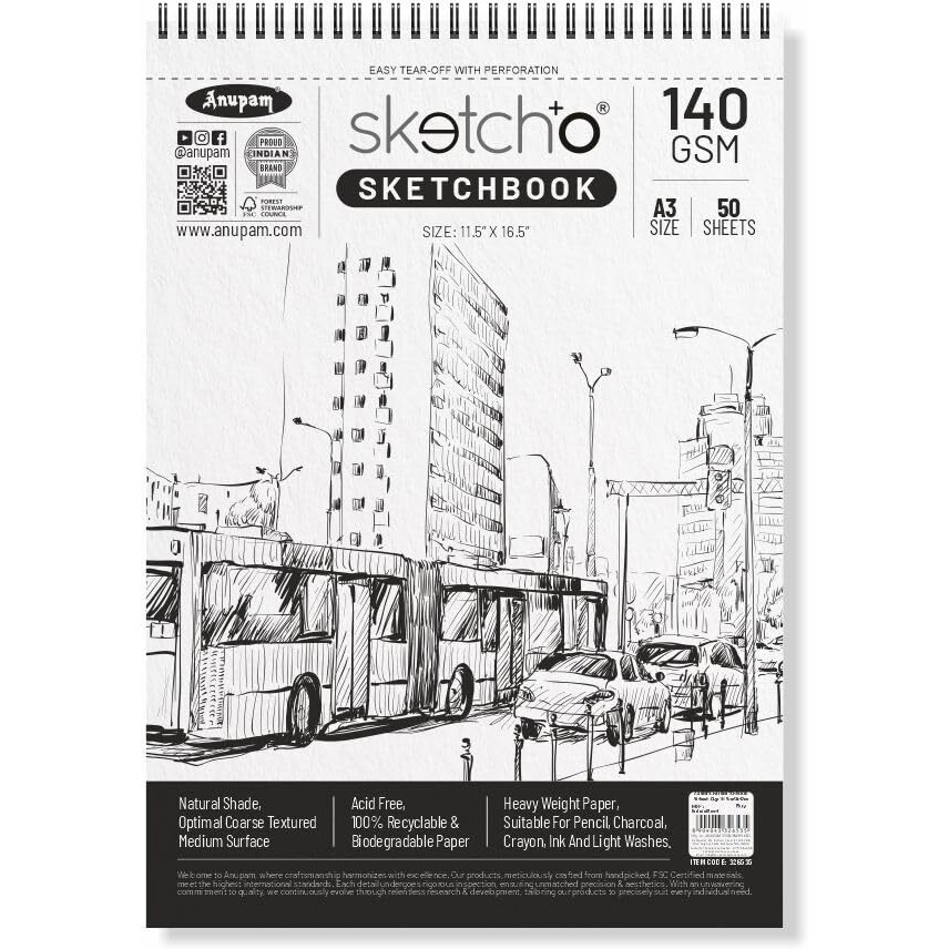 Anupam Sketcho Sketch Book A3 Top Wiro Bound Drawing Book Acid Free Paper 140 Gsm For Artists, Professional (50 Sheets, 100 Pages)