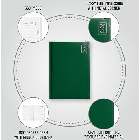 Anupam Fash 2026 Diary With Dates, 2026 Daily Planner Month Cut Index Full Page For Monday-Friday And Saturday-Sunday In One Page With Monthly Calendar, 80Gsm A5 365 Days Diary (Green)