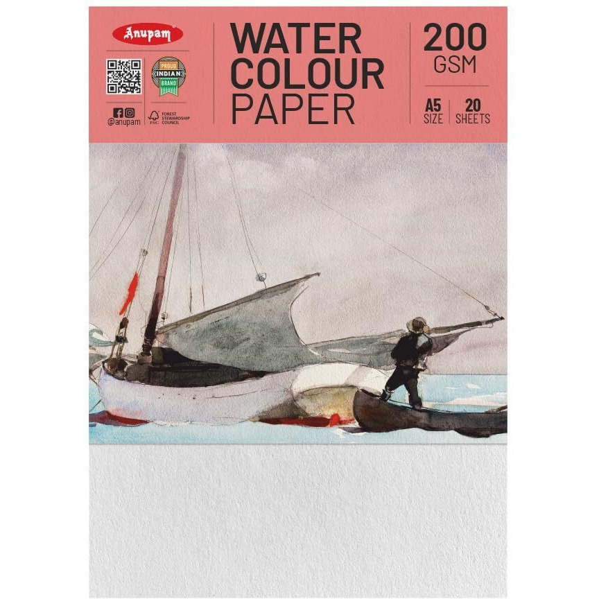 Anupam Professional Watercolour Paper | A5 (21X15Cm) 200 Gsm Cold Pressed Paper |Acid-Free 20 Sheets| Ideal For Artist, Professional Drawing, Painting Dry & Wet, Fine Art, School, Students