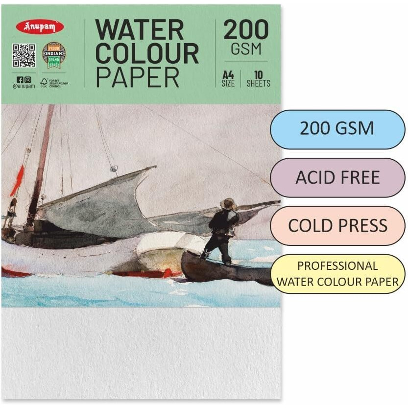 Anupam Professional Watercolour Paper | A5 (21X15Cm) 200 Gsm Cold Pressed Paper |Acid-Free 20 Sheets| Ideal For Artist, Professional Drawing, Painting Dry & Wet, Fine Art, School, Students