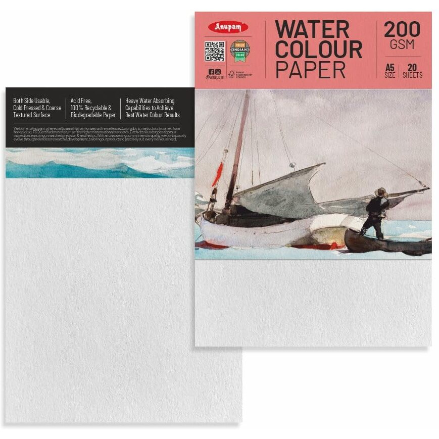 Anupam Professional Watercolour Paper | A5 (21X15Cm) 200 Gsm Cold Pressed Paper |Acid-Free 20 Sheets| Ideal For Artist, Professional Drawing, Painting Dry & Wet, Fine Art, School, Students