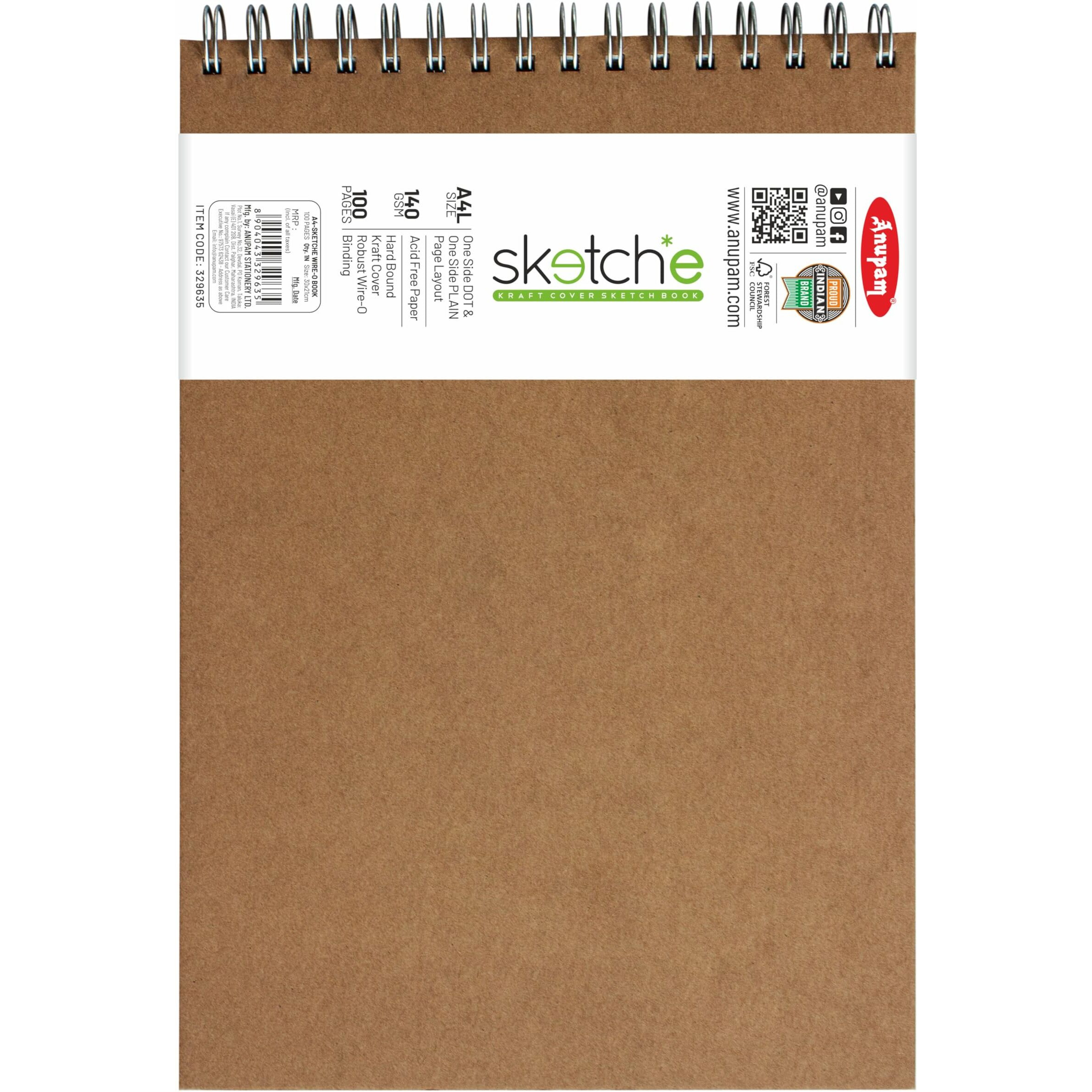 Anupam Sketch-E Sketch Book A4 Hard Cover Wireo Binding Drawing Notebook 100% Recycled Kraft Paper Plain & Dot-Grid On One Side 140Gsm 100 Pages For Artists Students Sketching