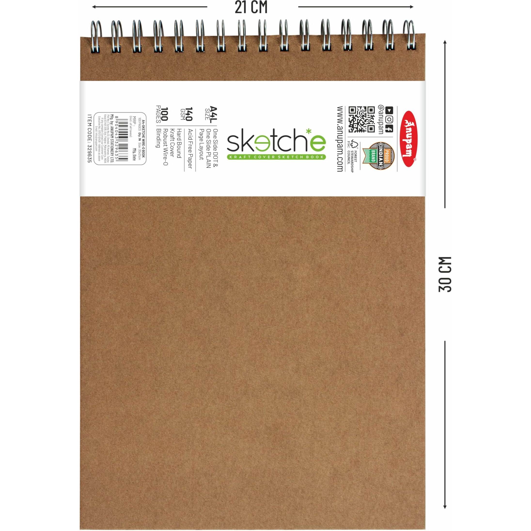 Anupam Sketch-E Sketch Book A4 Hard Cover Wireo Binding Drawing Notebook 100% Recycled Kraft Paper Plain & Dot-Grid On One Side 140Gsm 100 Pages For Artists Students Sketching