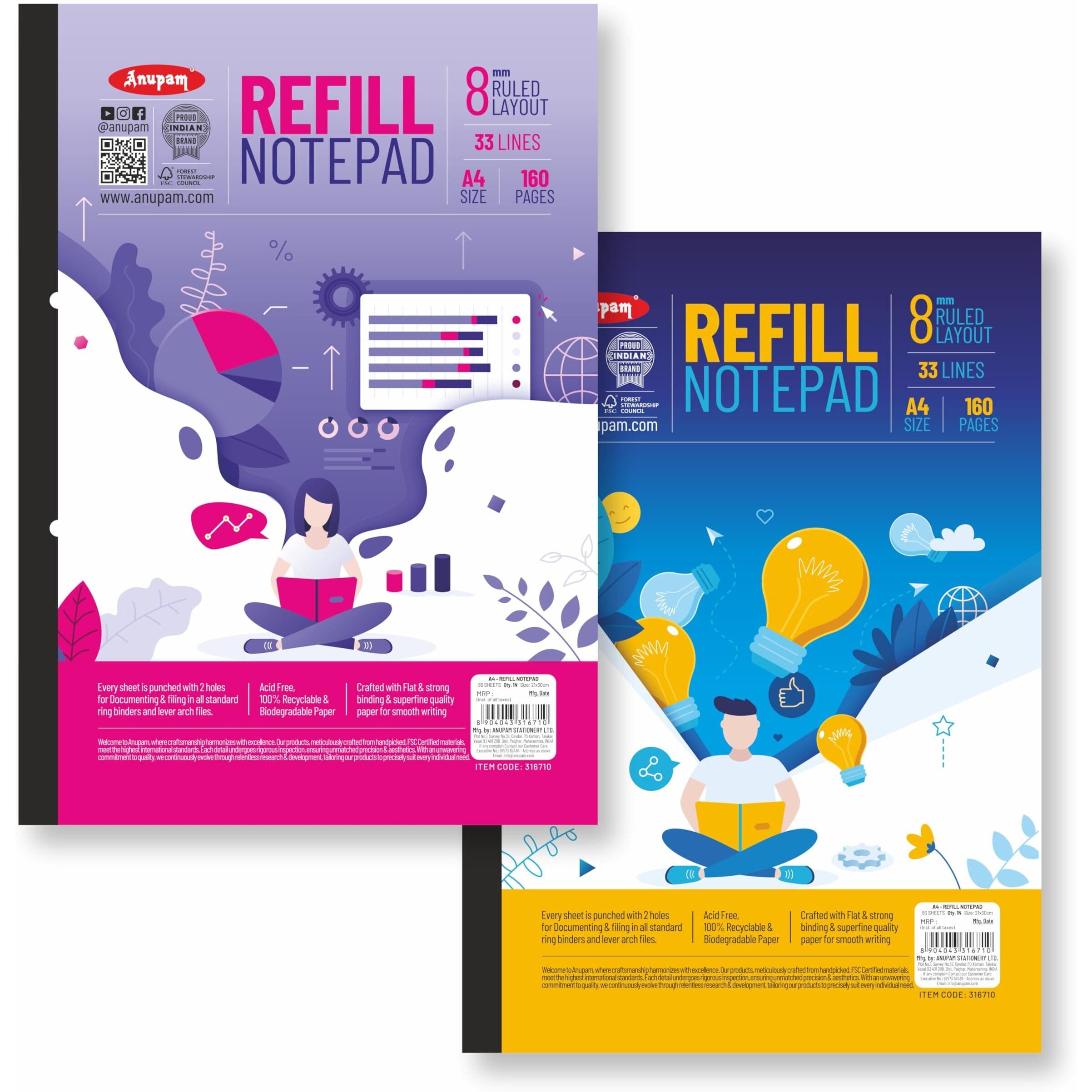 Anupam Refill Writing Notepad A4 Lined Paper Wide Ruled 80 Sheets Notepad, One Side Glue Bound, 2 Hole Punched Notebook With Strong Rorust Material Back Board For Office, School (Pack Of 2)