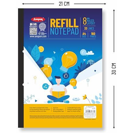 Anupam Refill Writing Notepad A4 Lined Paper Wide Ruled 80 Sheets Notepad, One Side Glue Bound, 2 Hole Punched Notebook With Strong Rorust Material Back Board For Office, School (Pack Of 2)