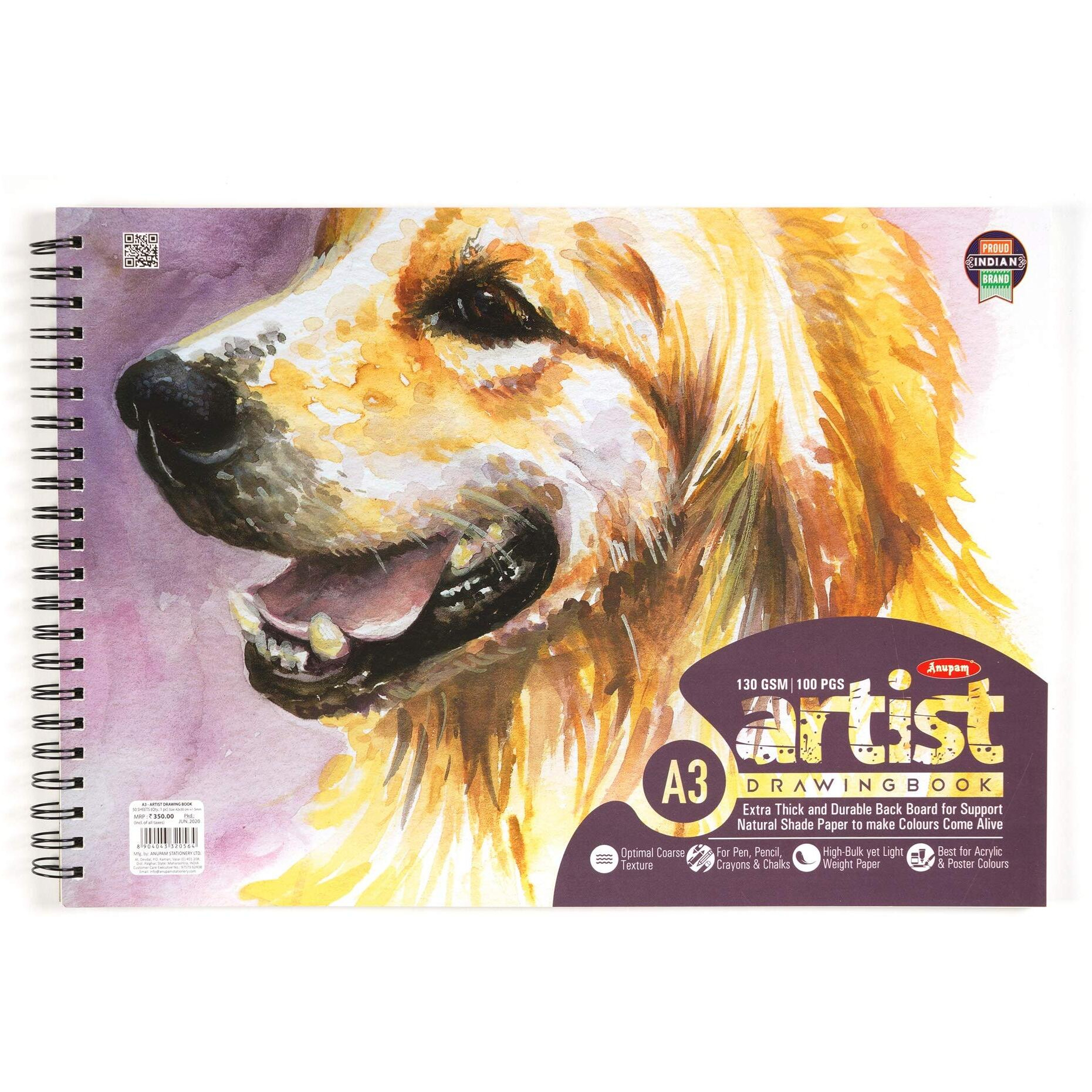 Anupam Artist Drawing Book A3 Acid Free Natural Shade 140 Gsm Paper Wiro-Bound Sketchpad For Artists Students (50 Sheets, 100 Pages)