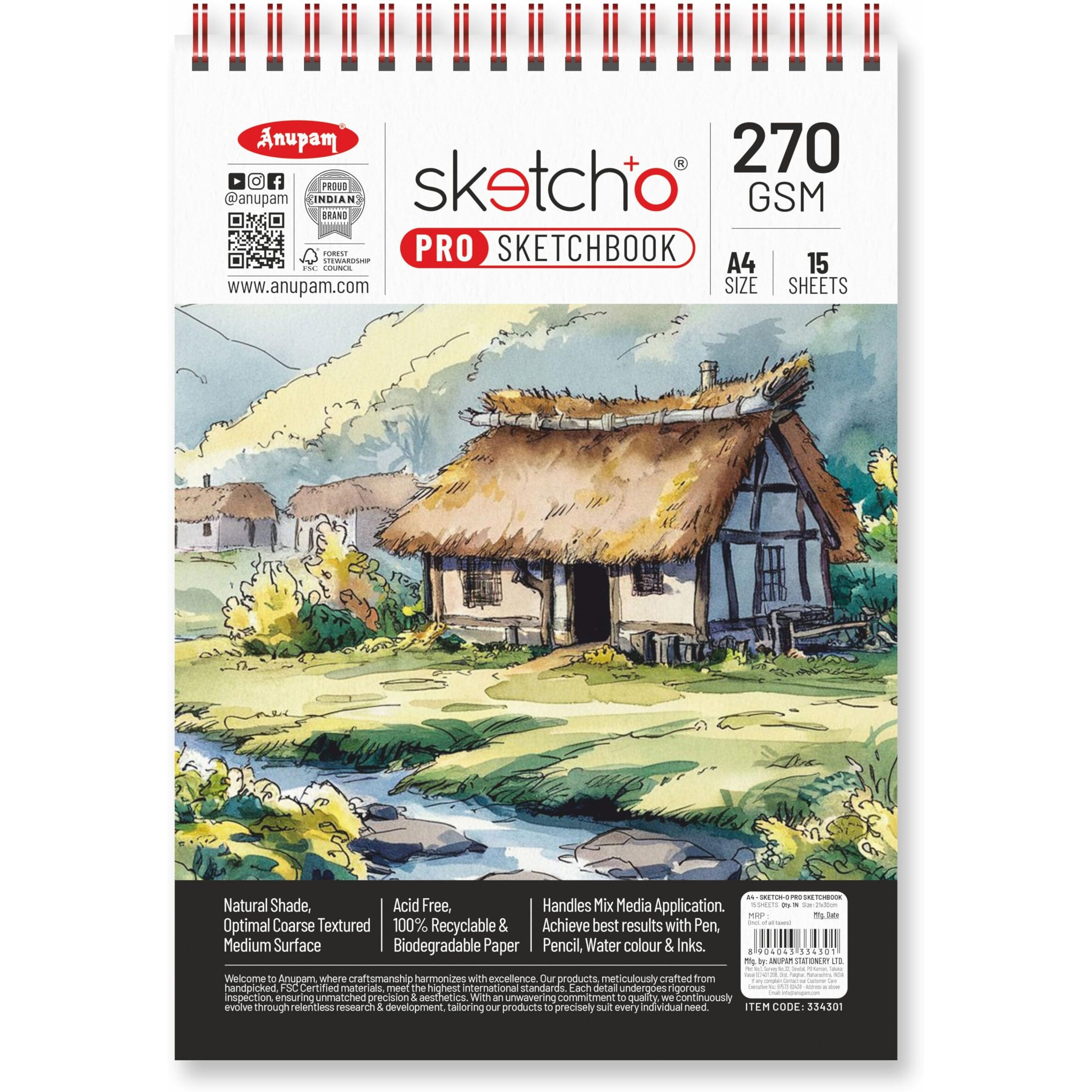 Anupam Sketch-O Pro Sketchbook A4 | 15 Sheets | 270 Gsm | Durable, Acid-Free Paper | Top Spiral-Bound For Markers, Pencils, Charcoal & Inks