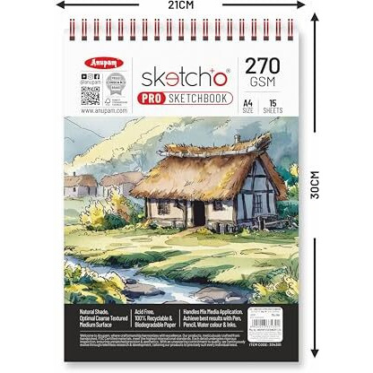 Anupam Sketch-O Pro Sketchbook A4 | 15 Sheets | 270 Gsm | Durable, Acid-Free Paper | Top Spiral-Bound For Markers, Pencils, Charcoal & Inks