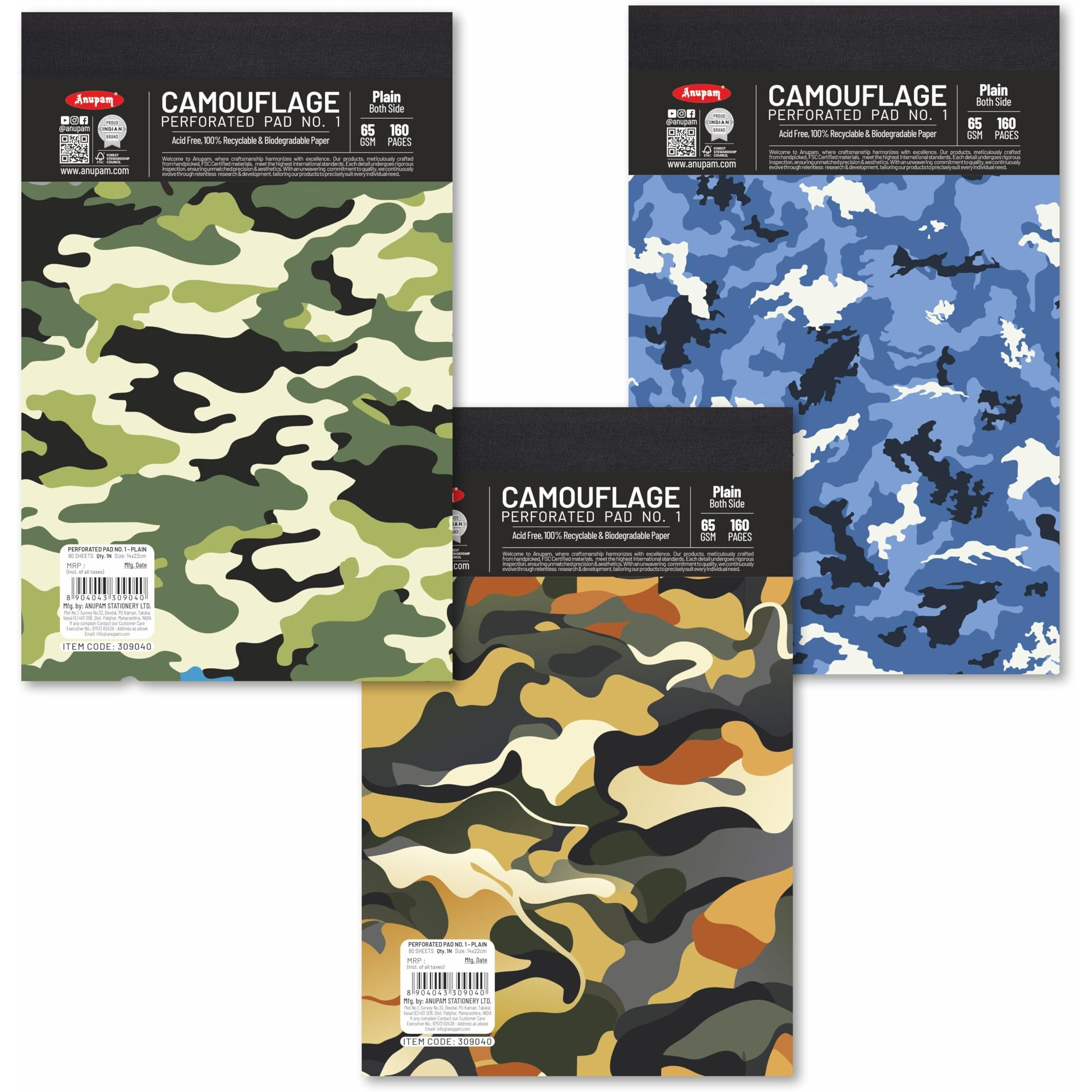 Anupam Camouflage Writing Pad 14X22Cm Plain Paper 65Gsm 80 Sheets Notepads, Micro Perforated Notebook With Strong Back Board For School, College, Office, Business (Size  1, Pack Of 3)