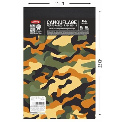 Anupam Camouflage Writing Pad 14X22Cm Plain Paper 65Gsm 80 Sheets Notepads, Micro Perforated Notebook With Strong Back Board For School, College, Office, Business (Size  1, Pack Of 3)