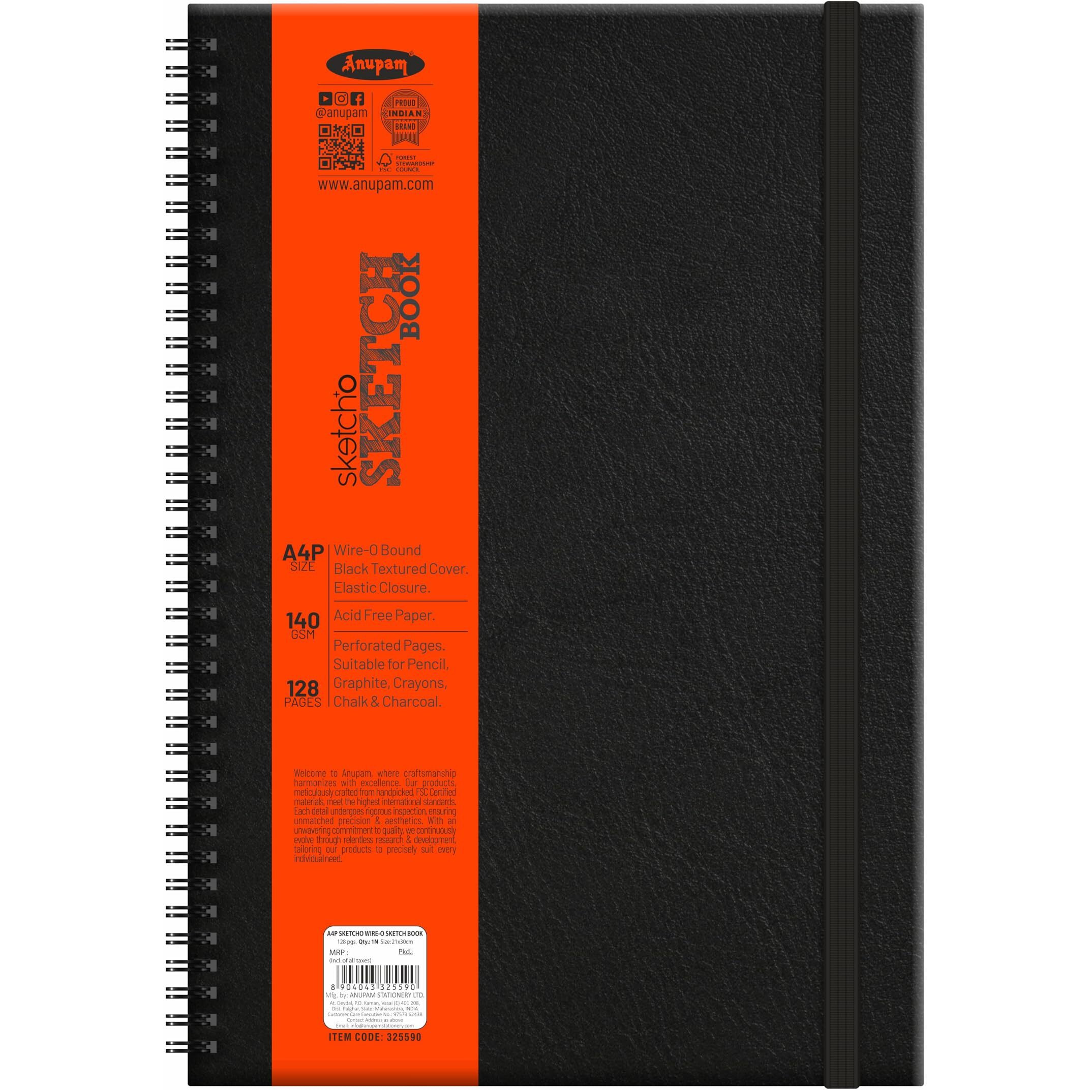 Anupam Sketcho Sketchbook - Hard Bound - Wireo Book - 140 Gsm - 128 Cartridge Paper - A4 (Portrait)