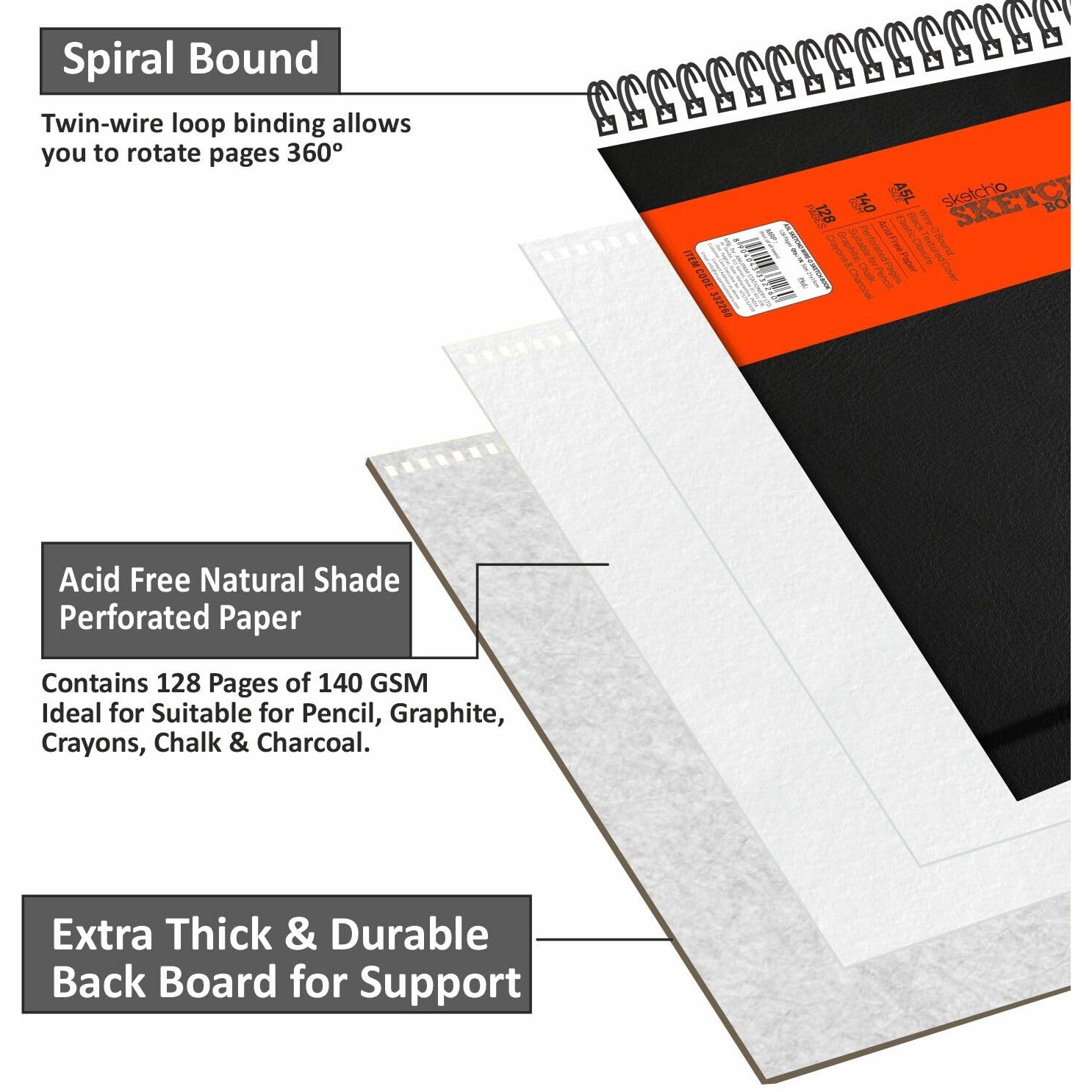 Anupam Sketcho Sketchbook - Hard Bound - Wireo Book - 140 Gsm - 128 Cartridge Paper - A4 (Portrait)