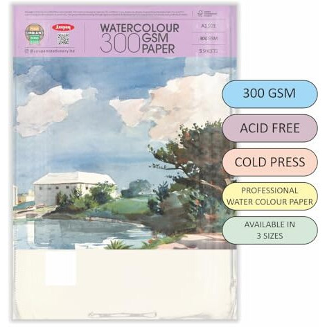Anupam Professional Watercolour Paper | A2 (60X42Cm) 300 Gsm Cold Pressed Paper | 5 Sheets | Ideal For Artist, Professional Drawing, Painting Dry & Wet, Fine Art, School, Students, Watercolor