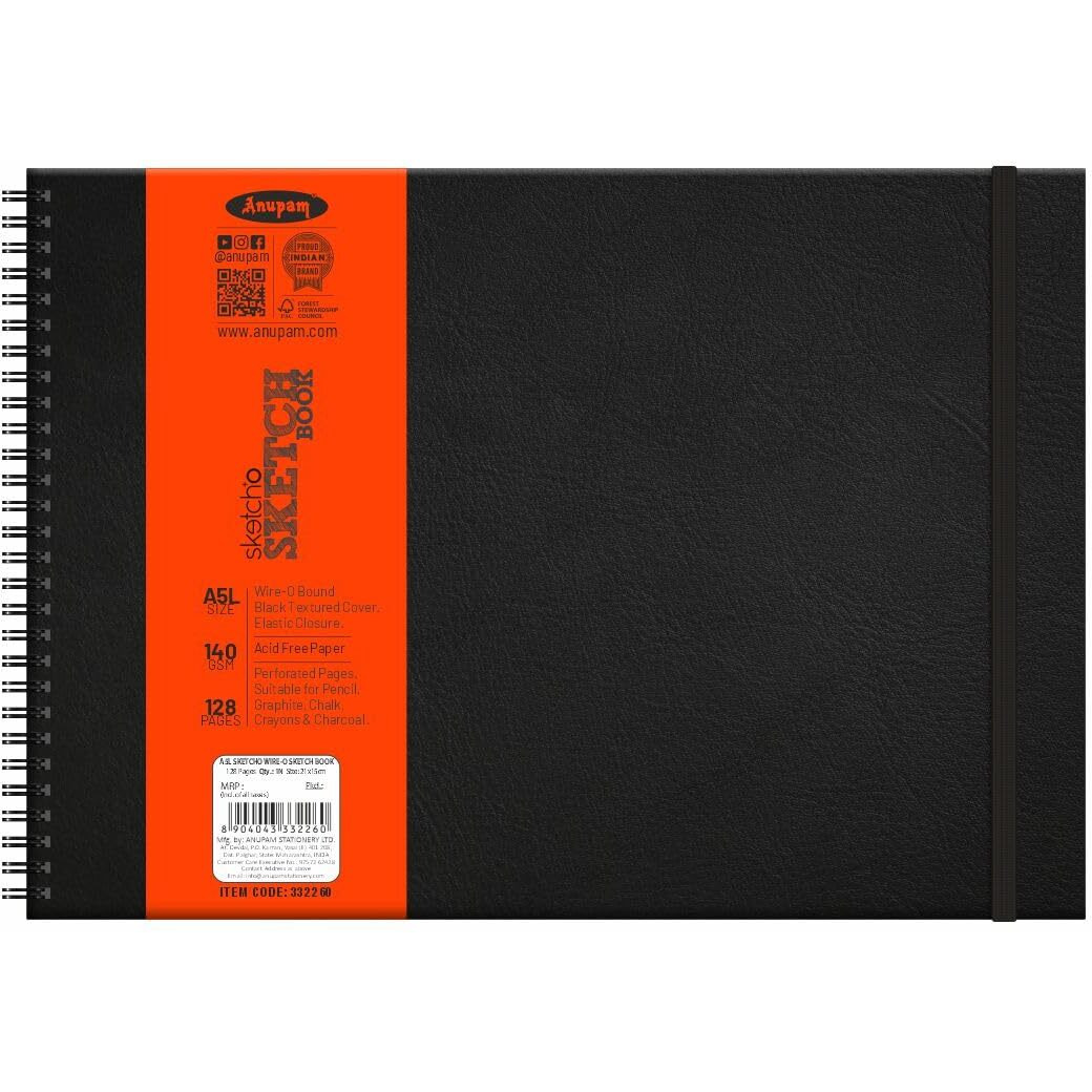 Anupam Sketcho Sketchbook Hardbound, Landscape Opening A5 Size, 140 Gsm Acid Free Natural Shade Paper With Elastic Closure (128 Pages), WatercolorAcrylicGouache