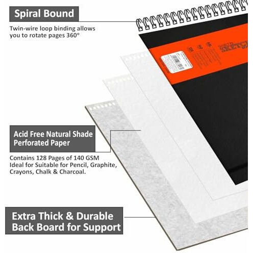 Anupam Sketcho Sketchbook Hardbound, Landscape Opening A5 Size, 140 Gsm Acid Free Natural Shade Paper With Elastic Closure (128 Pages), WatercolorAcrylicGouache