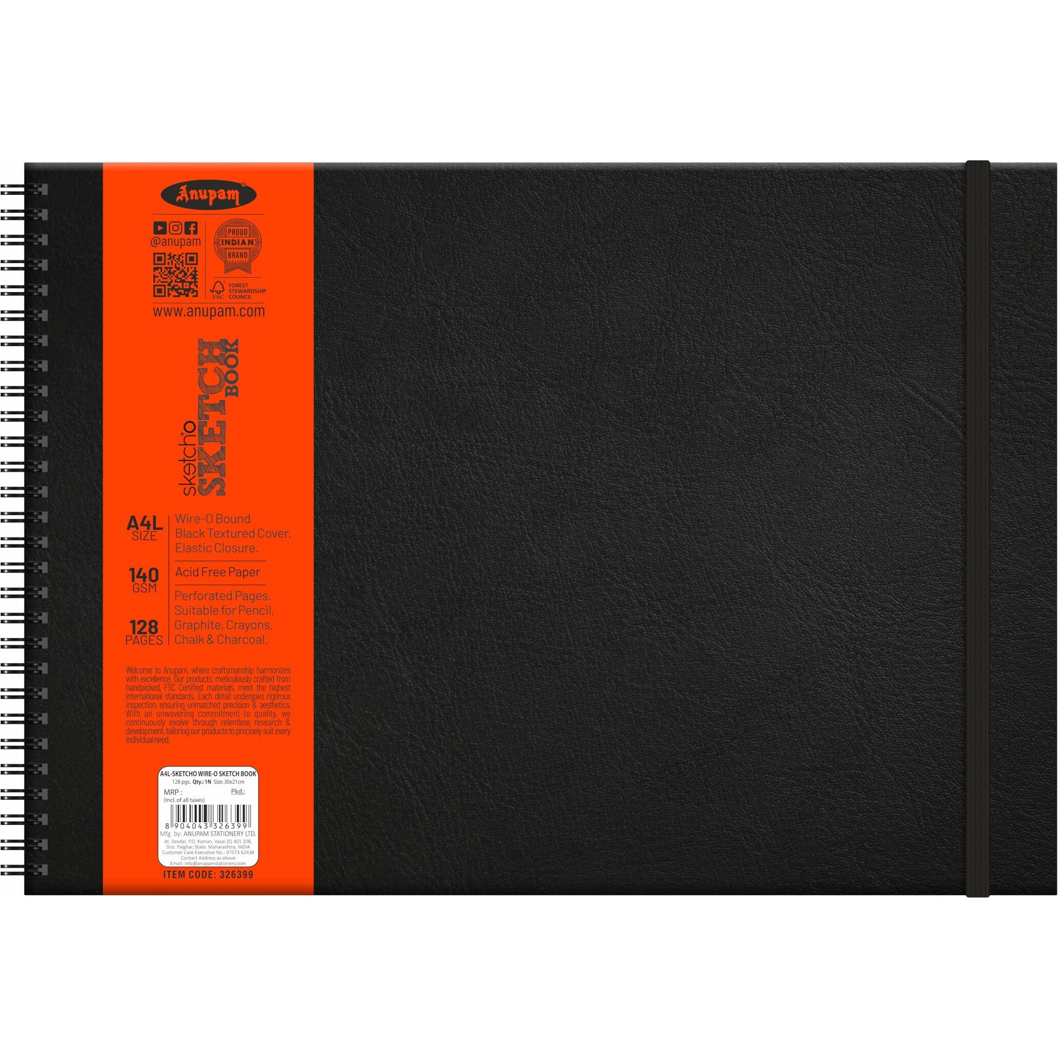 Anupam Sketcho Sketchbook - Hard Bound - Wireo Book - 140 Gsm - 128 Cartridge Paper - A4 (Landscape)