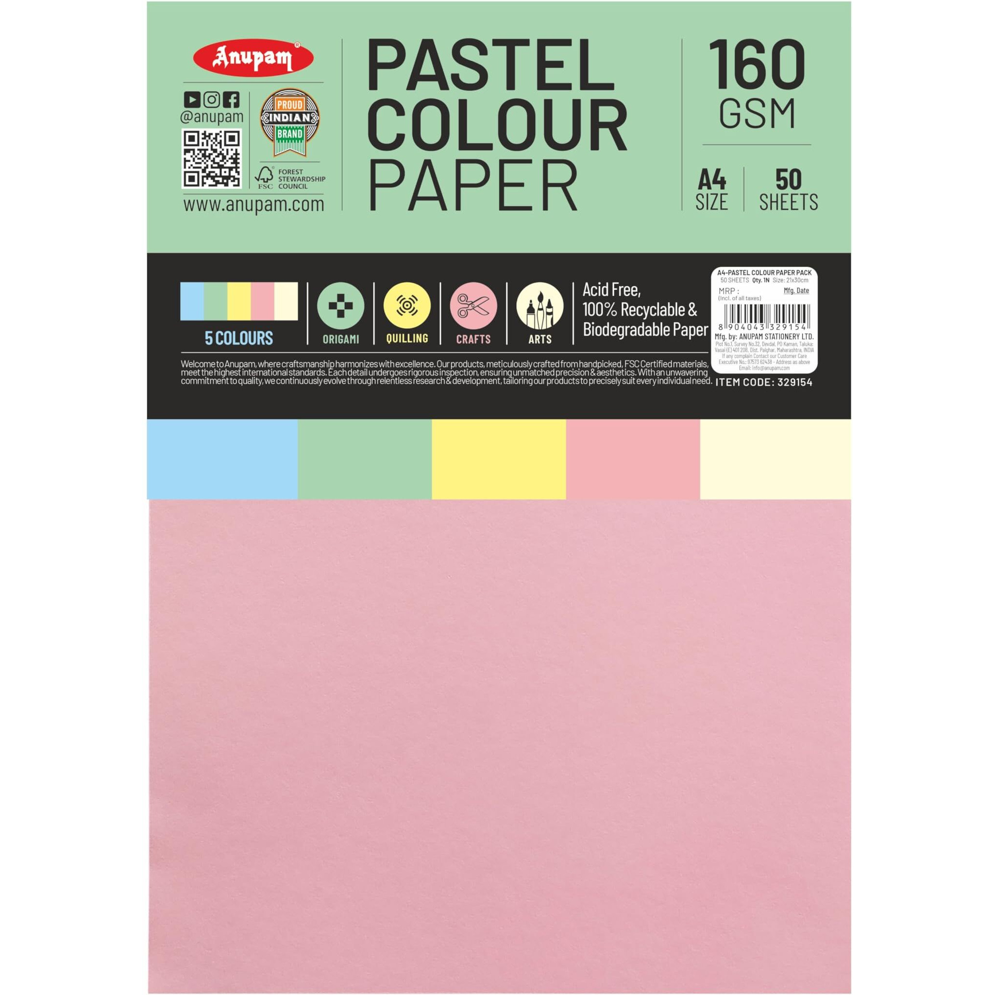 Anupam A4 Pastel Colour Loose Paper 160Gsm 5 Colors Paper For Arts, Crafts, Quilling (Multi Colour)
