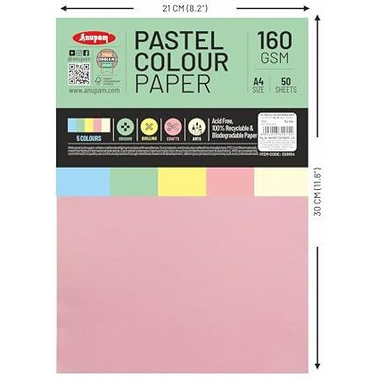 Anupam A4 Pastel Colour Loose Paper 160Gsm 5 Colors Paper For Arts, Crafts, Quilling (Multi Colour)