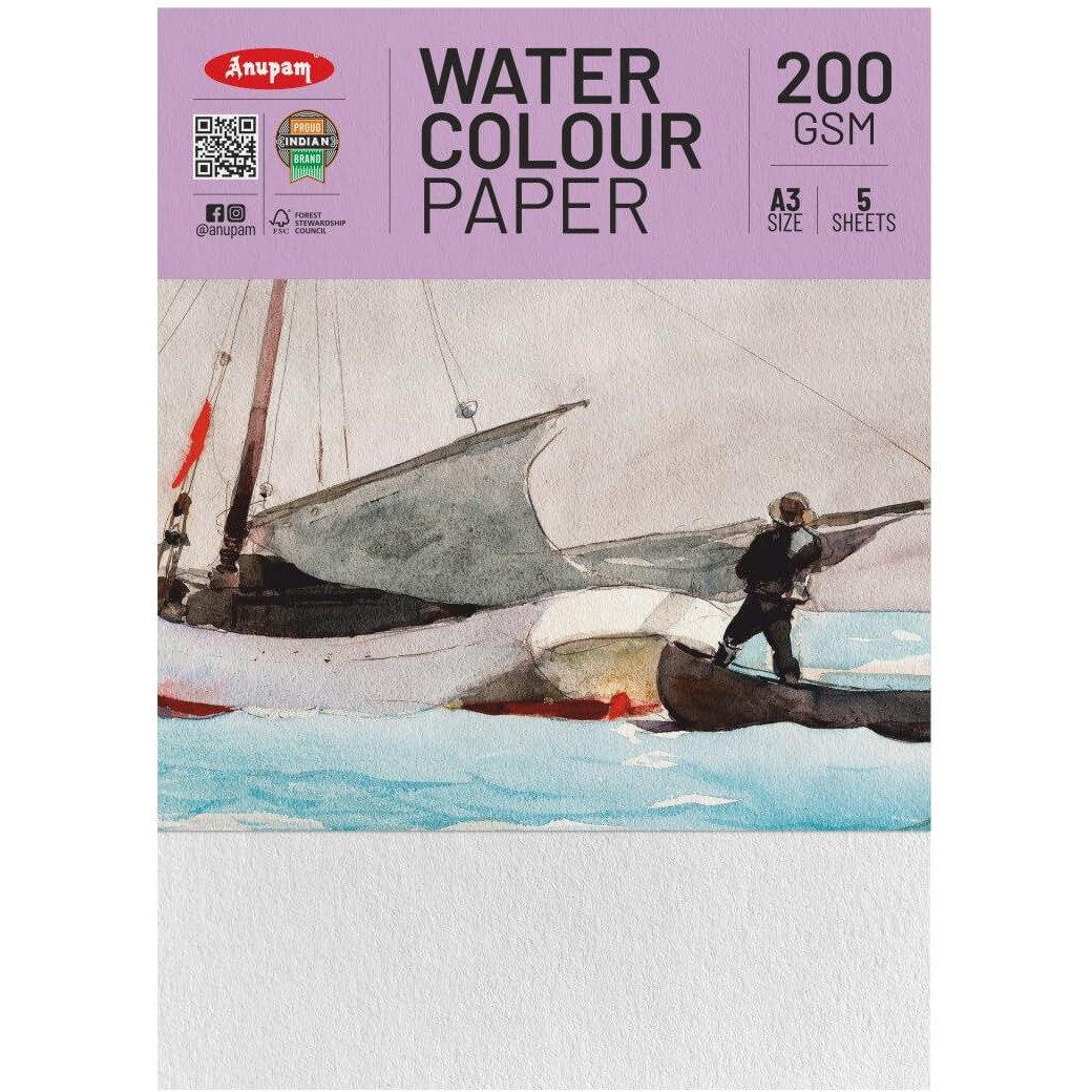 Anupam Professional Watercolour Paper | A3 (42X30Cm) 200 Gsm Cold Pressed Paper |Acid-Free 5 Sheet| Ideal For Artist, Professional Drawing, Painting Dry & Wet, Fine Art, School, Students