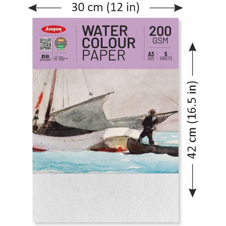 Anupam Professional Watercolour Paper | A3 (42X30Cm) 200 Gsm Cold Pressed Paper |Acid-Free 5 Sheet| Ideal For Artist, Professional Drawing, Painting Dry & Wet, Fine Art, School, Students