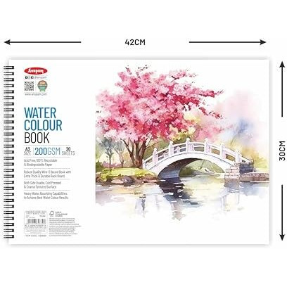 Anupam Watercolour Book 200Gsm Natural White Paper With Grained Surface Usable On Both Side 40 Pages A3 For Watercolour, Gouache, Ink, Acrylic, Wet & Mixed Media, Art Painting, Drawing