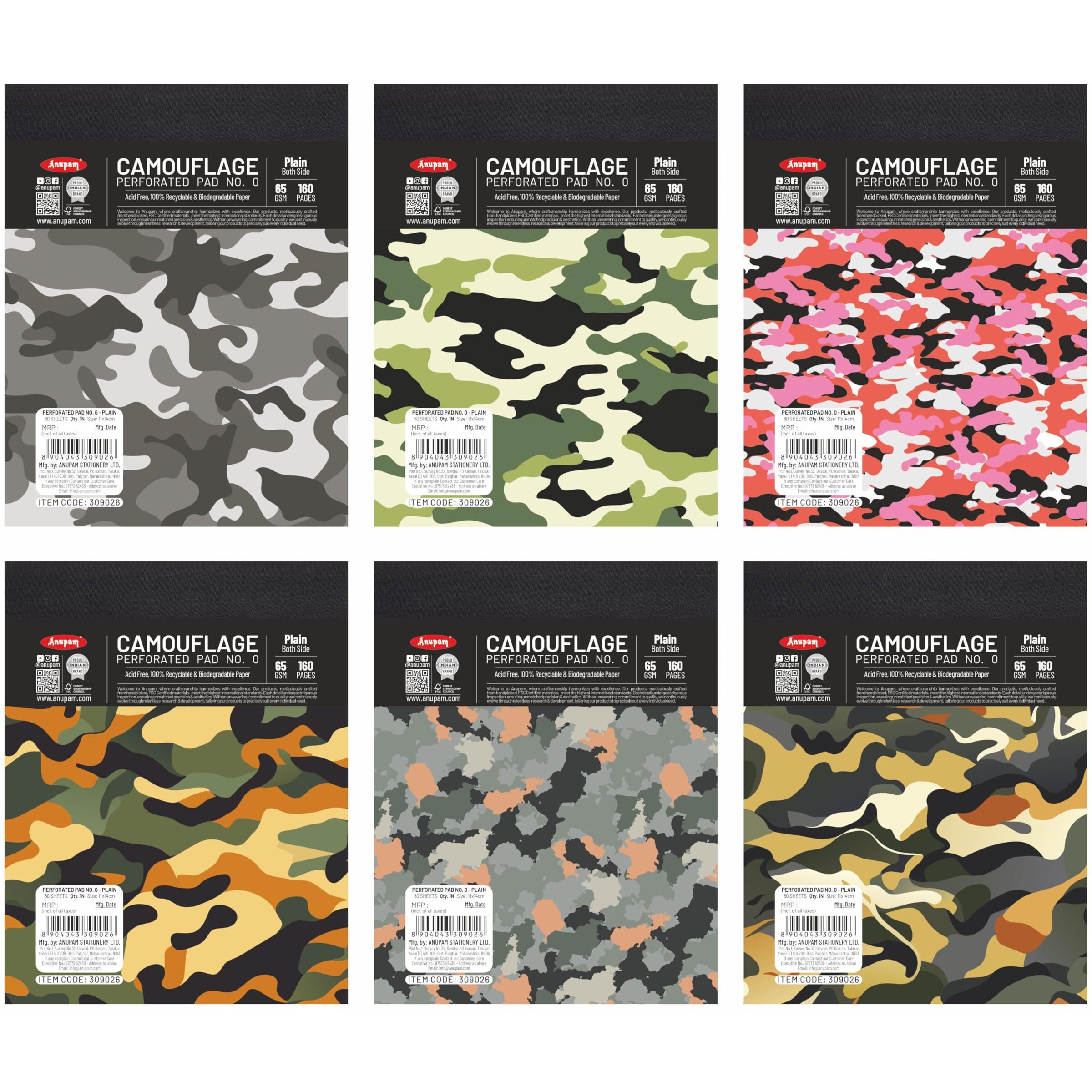 Anupam Camouflage Writing Pad 11X14Cm Plain Paper 65Gsm 80 Sheets Notepad, Micro Perforated Notebook With Strong Back Board For School, College, Office, Business (Size  0, Pack Of 6)