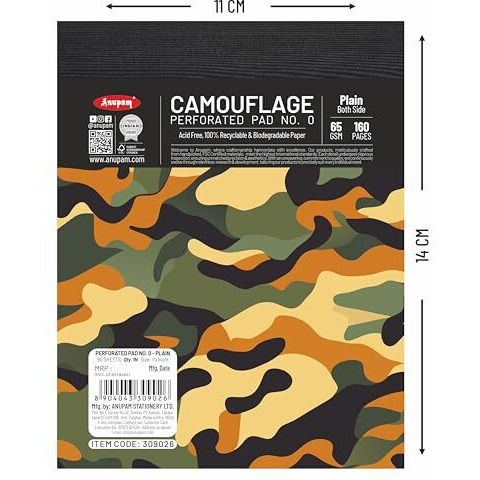 Anupam Camouflage Writing Pad 11X14Cm Plain Paper 65Gsm 80 Sheets Notepad, Micro Perforated Notebook With Strong Back Board For School, College, Office, Business (Size  0, Pack Of 6)