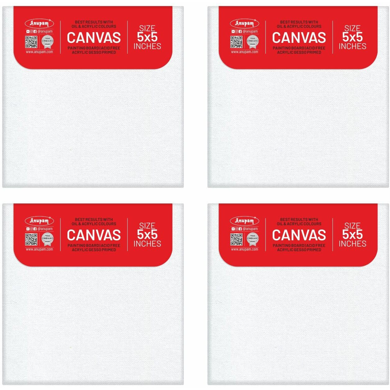 Anupam Primed Canvas Board For Painting, Canvas Boards 4 Pack Size 5X5 Blank Painting Canvas Panels For Oil, Acrylic Paint Gouache And Tempera For Beginners & Artists (Pack Of 4)