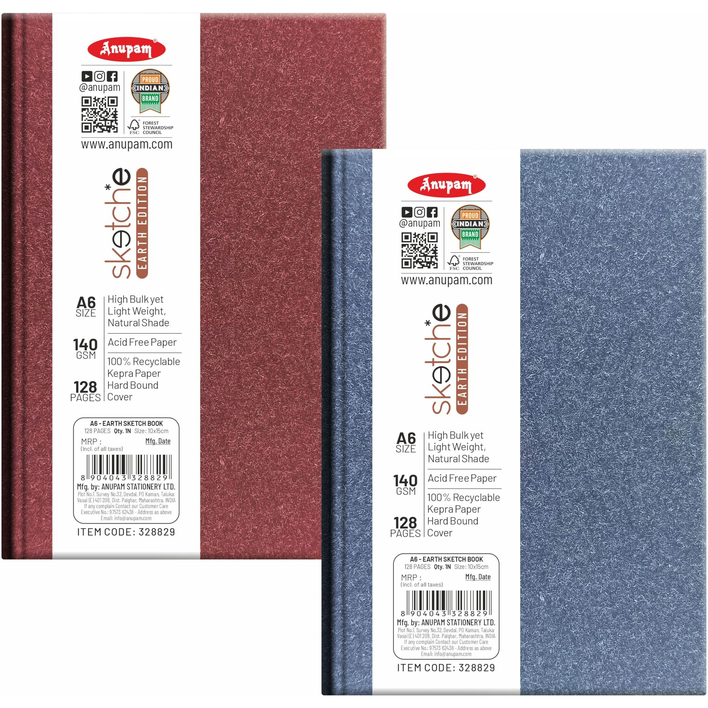 Anupam Earth Sketche Drawing Book A6 | 100% Recycled Hardbound Cove Book | 140 Gsm | Acid Free 65 Sheets / 128 Pages | Drawing Sketchbook For Artists And Students | For Dry Techniques (Pack Of 2)