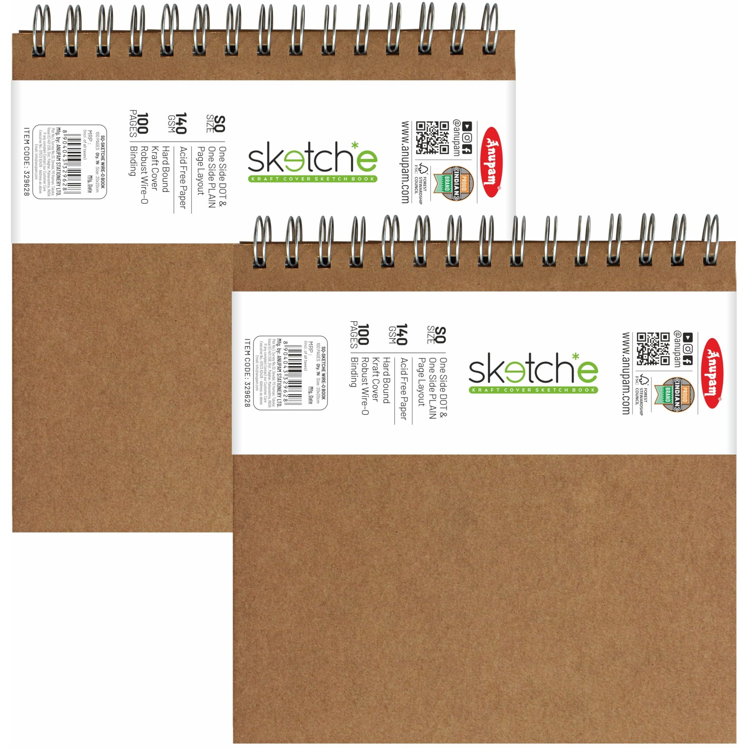 Anupam Sketch-E Sketch Book Square Hard Cover Wireo Binding Drawing Notebook 100% Recycled Kraft Paper Plain & Dot-Grid On One Side 140Gsm 100 Pages For Artists Students Sketching (Pack Of 2)
