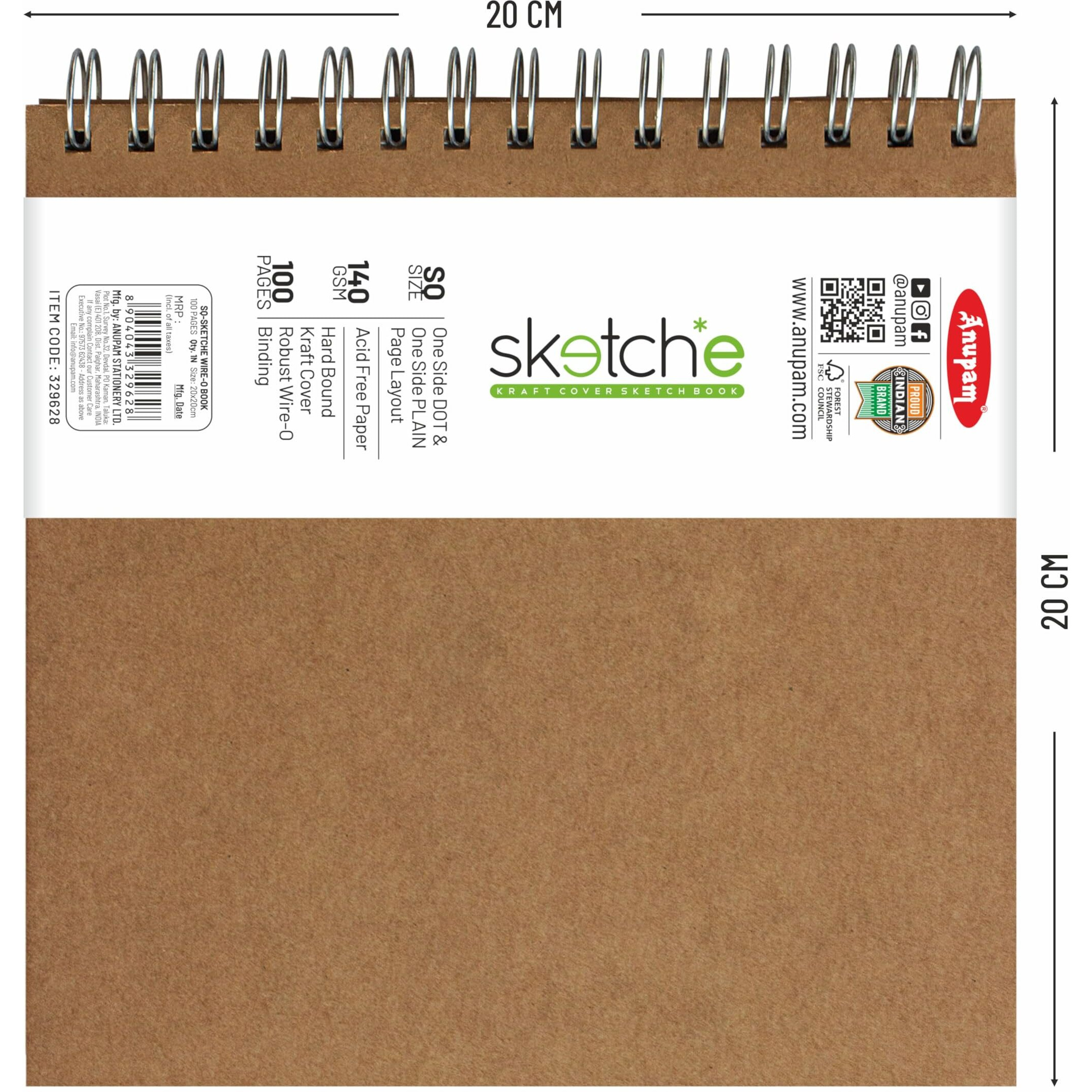 Anupam Sketch-E Sketch Book Square Hard Cover Wireo Binding Drawing Notebook 100% Recycled Kraft Paper Plain & Dot-Grid On One Side 140Gsm 100 Pages For Artists Students Sketching (Pack Of 2)