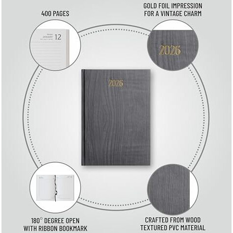Anupam Dash 2026 Diary With Dates, 2026 Daily Planner Full Page Per Day With Monthly Calendar, New Year Diary 2026 80 Gsm Size B5 25X17Cm, 365 Days Aesthetic Book & Daily Notebook - Wood Grey