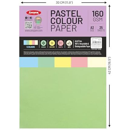 Anupam A3 Pastel Colour Loose Paper 160Gsm 5 Colors Paper For Arts, Crafts, Quilling, Origami