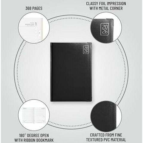 Anupam Fash 2026 Diary With Dates, 2026 Daily Planner Month Cut Index Full Page For Monday-Friday And Saturday-Sunday In One Page With Monthly Calendar, 80Gsm B5 365 Days Diary (Black)